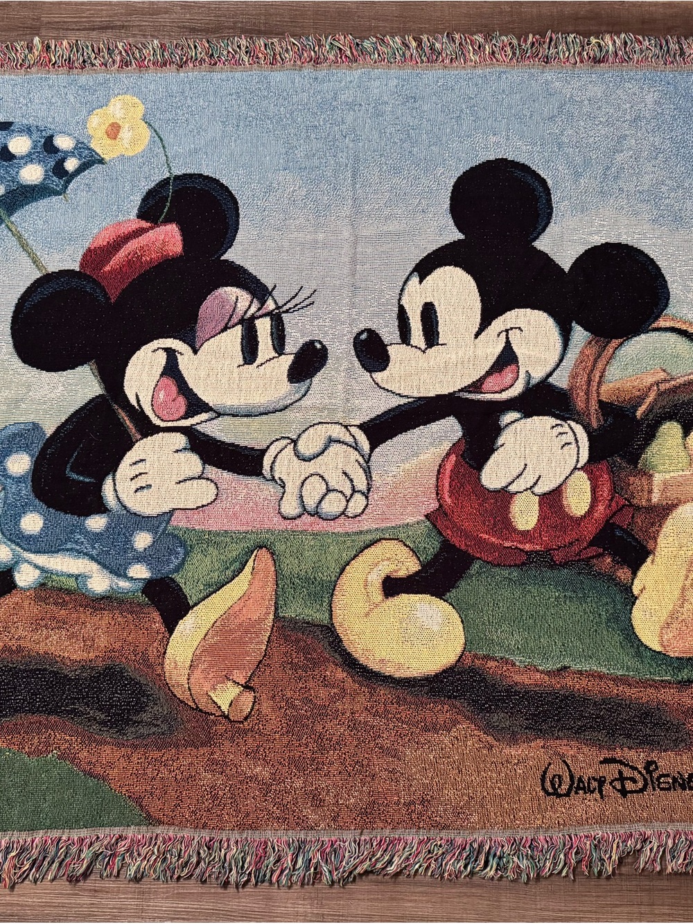 Vintage Disney Mickey & Minnie Colorful Blue and Red Wall Tapestry